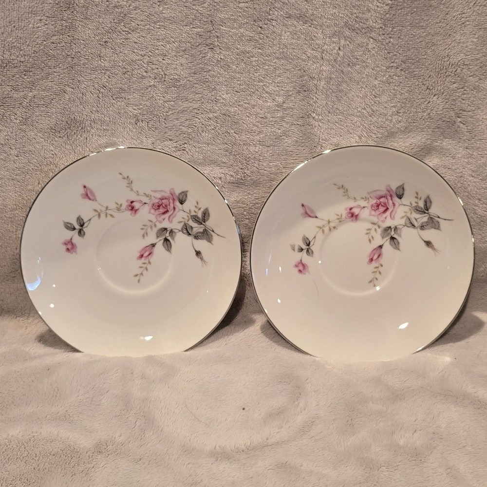 Castlecourt Rose Glow Fine China Saucers Japan Pink Floral Silver Trim Set of‎ 2